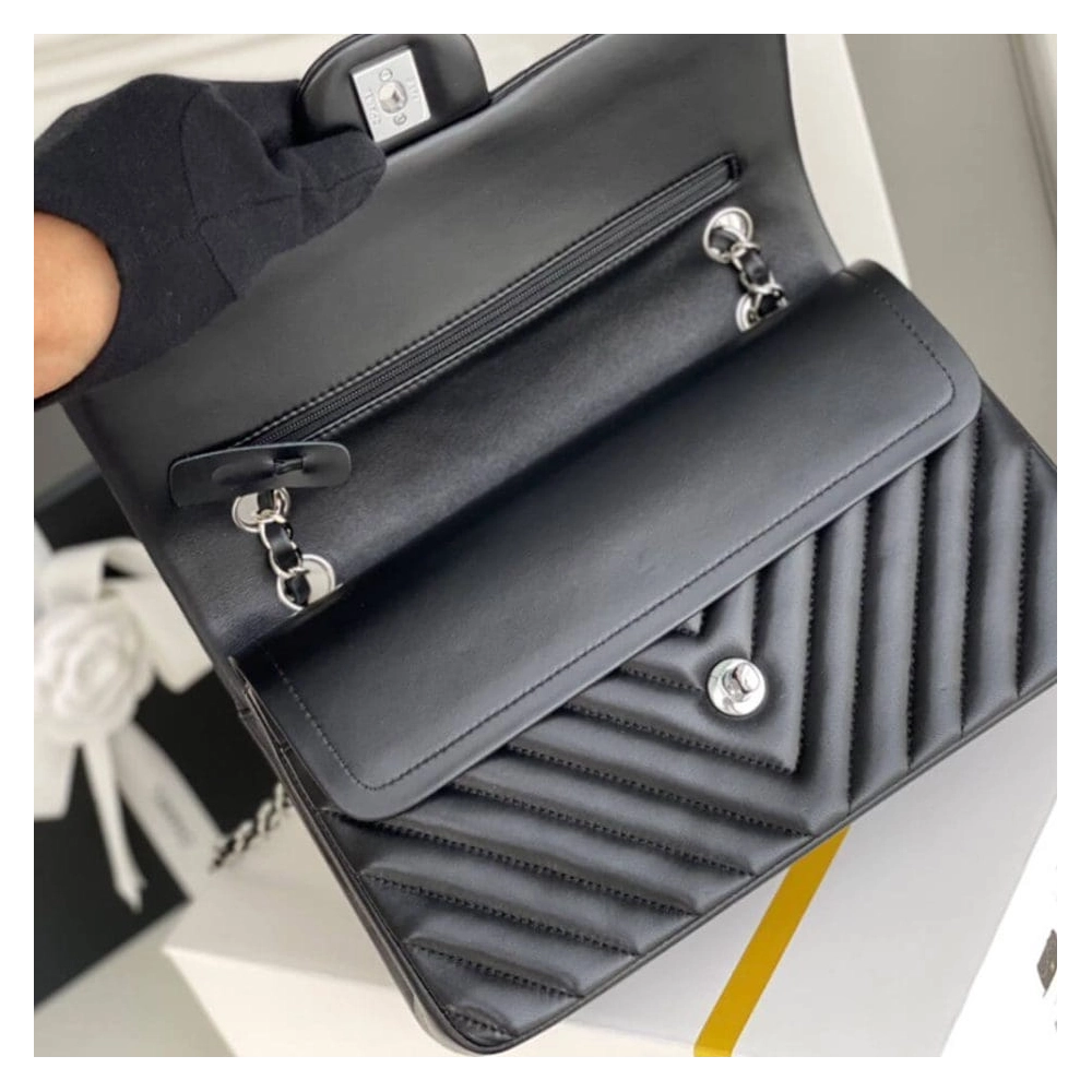 Chanel Classic Chevron Tweed Medium Flap Silver,CHANEL,BAGS