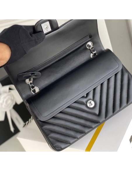 Chanel Classic Chevron Tweed Medium Flap Silver,CHANEL,BAGS