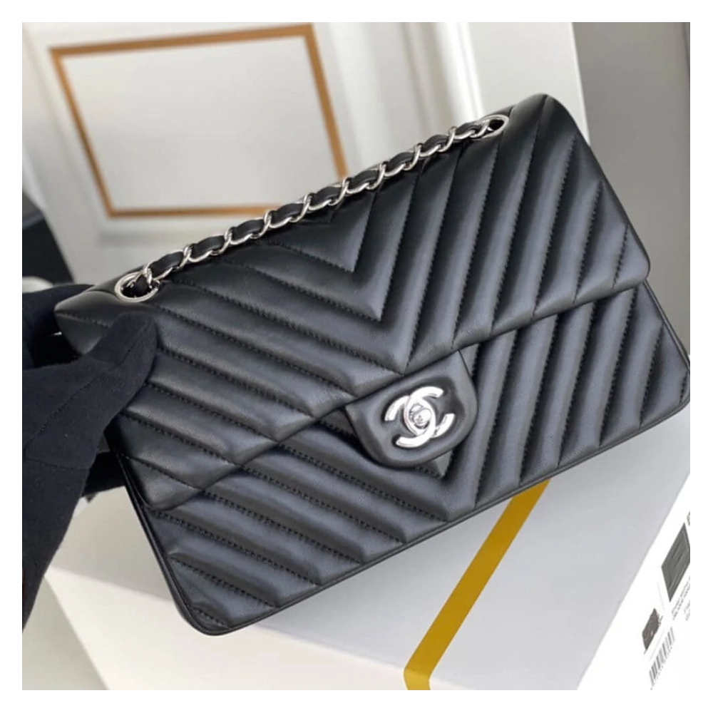 Chanel Classic Chevron Tweed Medium Flap Silver,CHANEL,BAGS