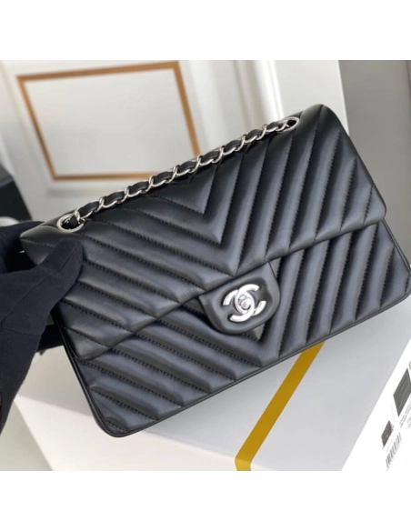 Chanel Classic Chevron Tweed Medium Flap Silver,CHANEL,BAGS