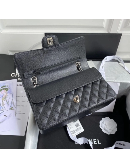 CHANEL CLASSIC HANDBAG Grained Calfskin Silver Metal,CHANEL,BAGS