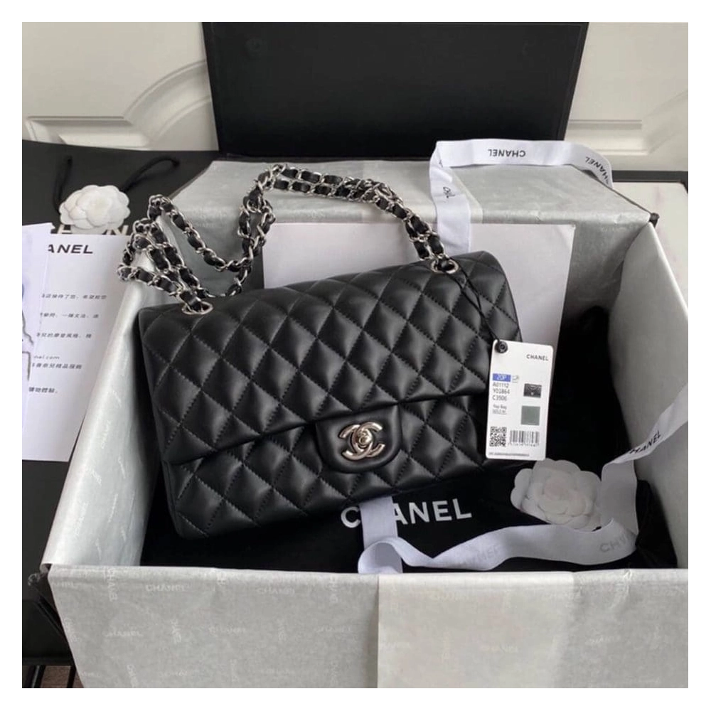 CHANEL CLASSIC HANDBAG Lambskin Silver Metal,CHANEL,BAGS