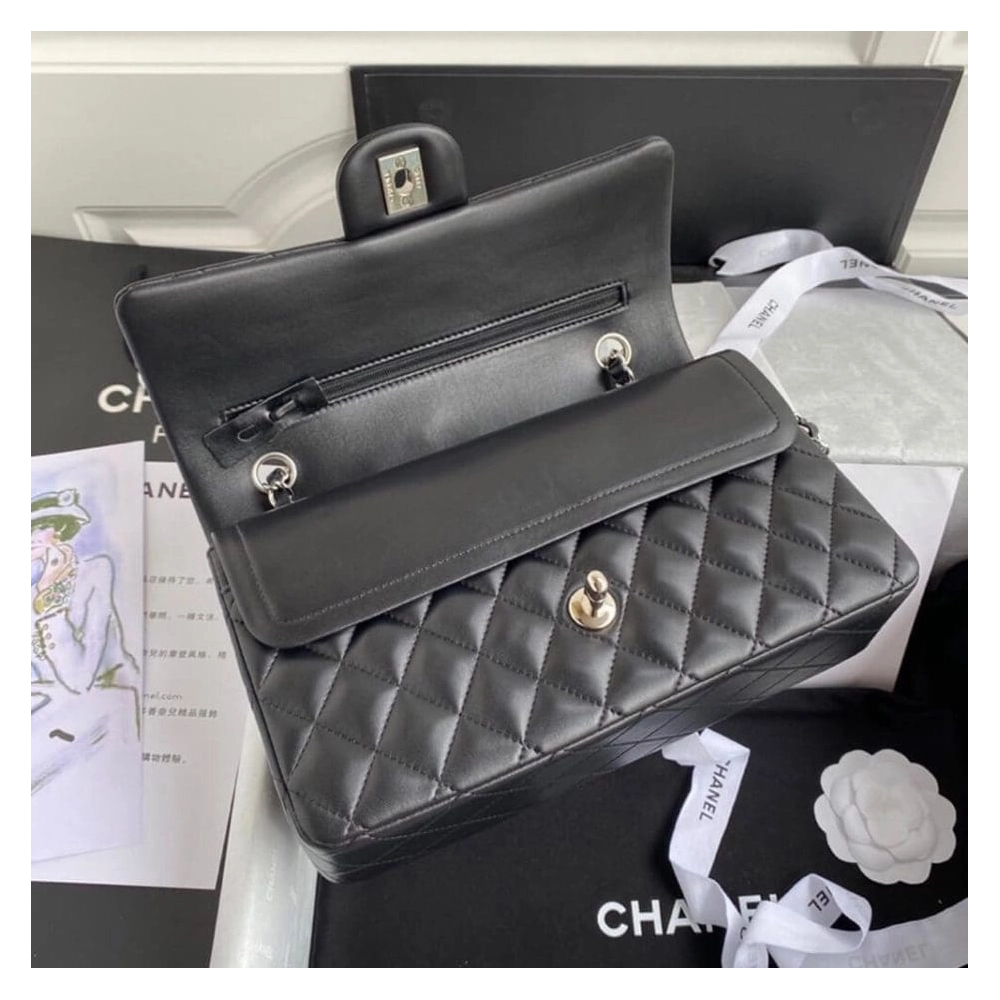 CHANEL CLASSIC HANDBAG Lambskin Silver Metal,CHANEL,BAGS