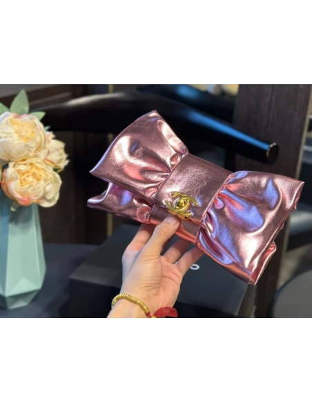 CHANEL Clutch Metallic Lambskin Gold Tone Metal Pink,CHANEL,BAGS