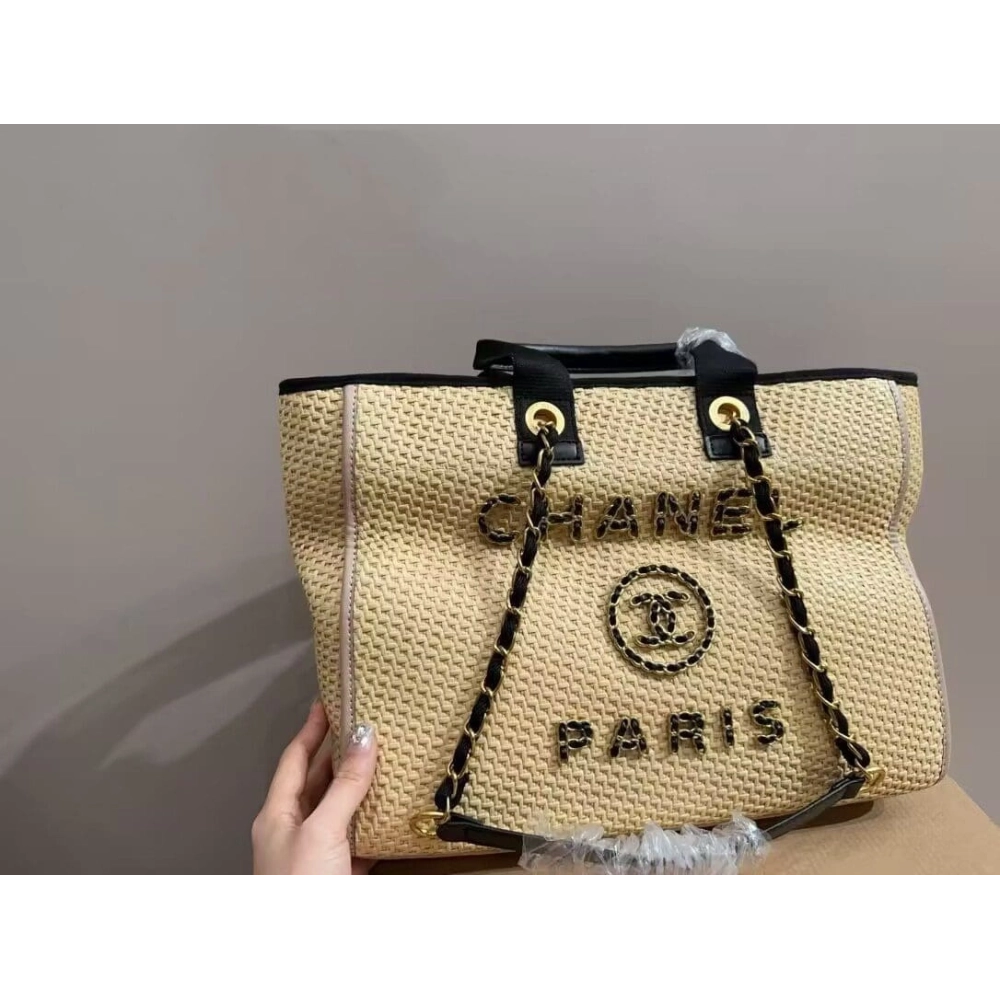 Chanel Deauville Tote Straw With Chain Detail Medium,CHANEL,BAGS