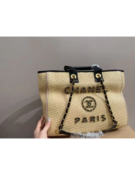 Chanel Deauville Tote Straw With Chain Detail Medium,CHANEL,BAGS