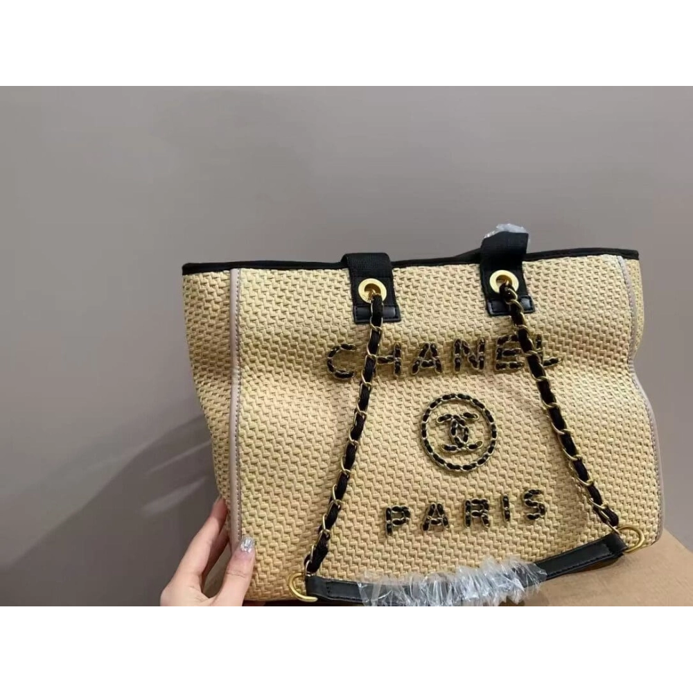 Chanel Deauville Tote Straw With Chain Detail Medium,CHANEL,BAGS