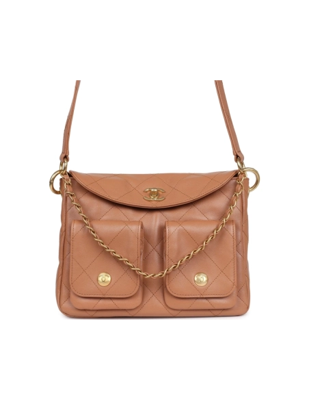 Chanel Double Pocket Hobo Bag Caramel Shiny Calfskin Brushed Gold Hardware,CHANEL,BAGS