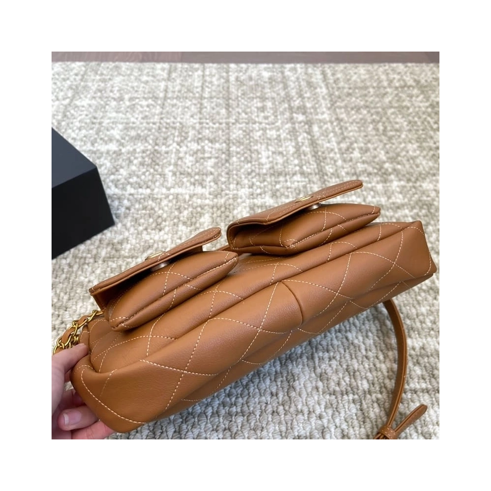 Chanel Double Pocket Hobo Bag Caramel Shiny Calfskin Brushed Gold Hardware,CHANEL,BAGS