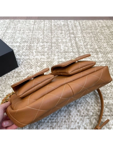 Chanel Double Pocket Hobo Bag Caramel Shiny Calfskin Brushed Gold Hardware,CHANEL,BAGS