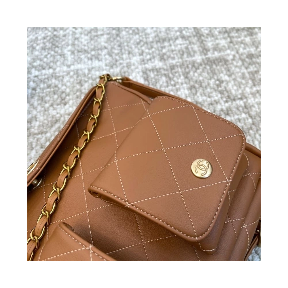 Chanel Double Pocket Hobo Bag Caramel Shiny Calfskin Brushed Gold Hardware,CHANEL,BAGS