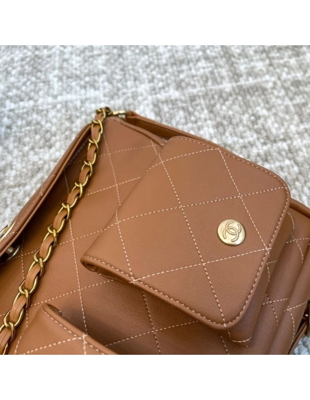 Chanel Double Pocket Hobo Bag Caramel Shiny Calfskin Brushed Gold Hardware,CHANEL,BAGS