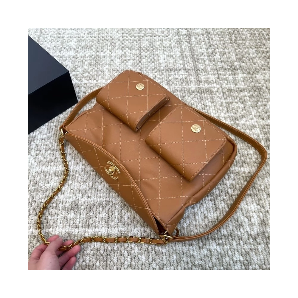 Chanel Double Pocket Hobo Bag Caramel Shiny Calfskin Brushed Gold Hardware,CHANEL,BAGS