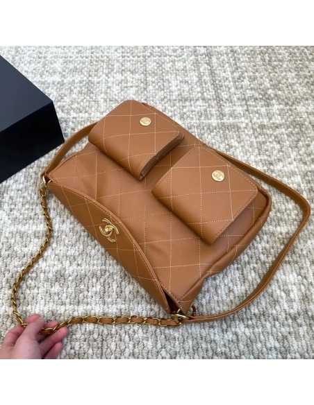 Chanel Double Pocket Hobo Bag Caramel Shiny Calfskin Brushed Gold Hardware,CHANEL,BAGS