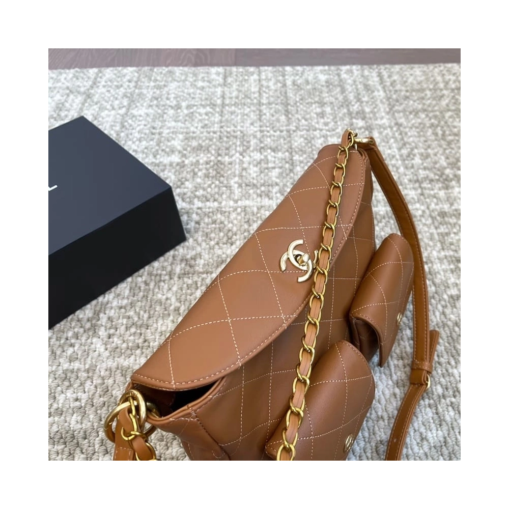 Chanel Double Pocket Hobo Bag Caramel Shiny Calfskin Brushed Gold Hardware,CHANEL,BAGS