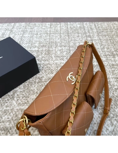 Chanel Double Pocket Hobo Bag Caramel Shiny Calfskin Brushed Gold Hardware,CHANEL,BAGS