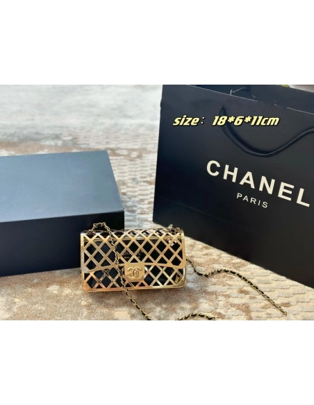 Chanel Gold Metal Creates A Hollow Diamond Pattern CF Evening Bag,CHANEL,BAGS