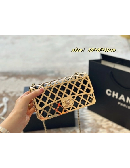 Chanel Gold Metal Creates A Hollow Diamond Pattern CF Evening Bag,CHANEL,BAGS