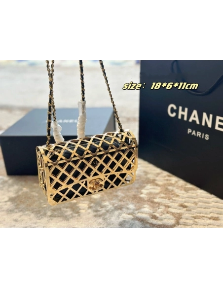 Chanel Gold Metal Creates A Hollow Diamond Pattern CF Evening Bag,CHANEL,BAGS