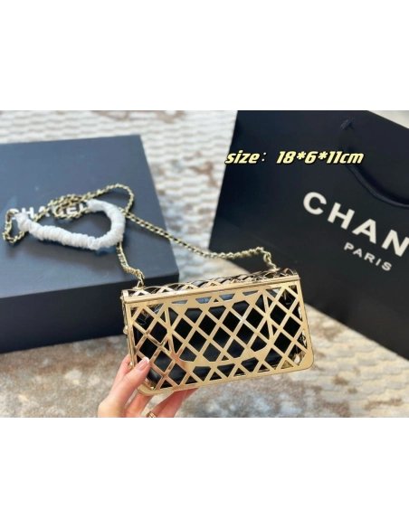 Chanel Gold Metal Creates A Hollow Diamond Pattern CF Evening Bag,CHANEL,BAGS