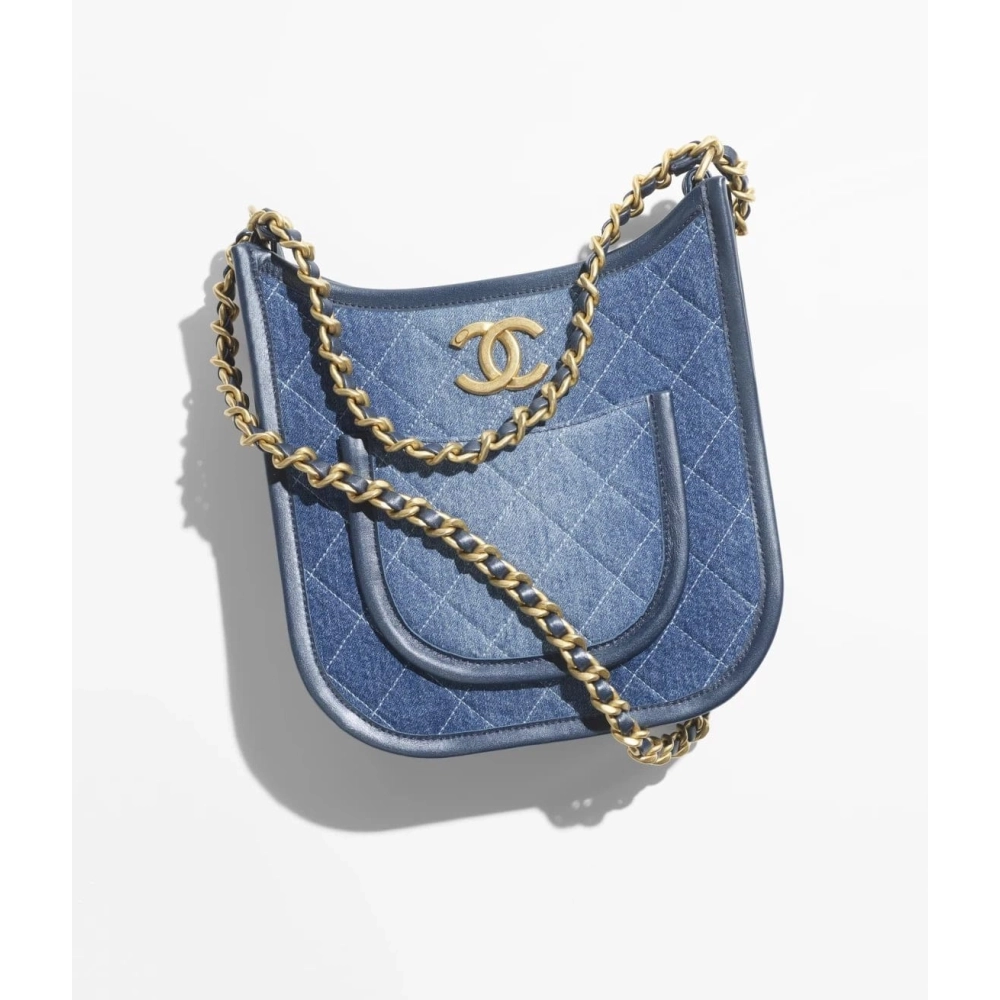 Chanel HOBO HANDBAG Washed Denim Gold Tone Metal Blue,CHANEL,BAGS