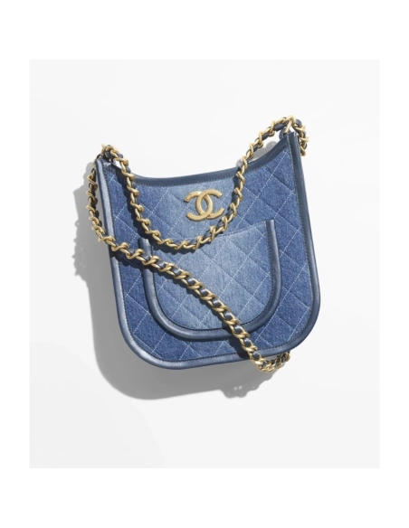 Chanel HOBO HANDBAG Washed Denim Gold Tone Metal Blue,CHANEL,BAGS