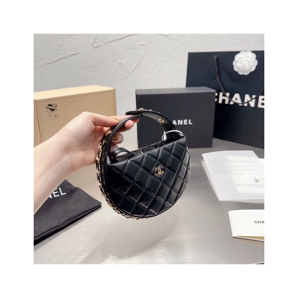 CHANEL Lambskin Quilted Chain Around Pouch Hobo Black,CHANEL,BAGS