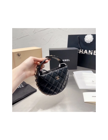 CHANEL Lambskin Quilted Chain Around Pouch Hobo Black,CHANEL,BAGS