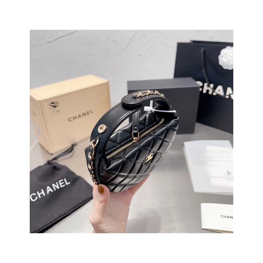 CHANEL Lambskin Quilted Chain Around Pouch Hobo Black,CHANEL,BAGS