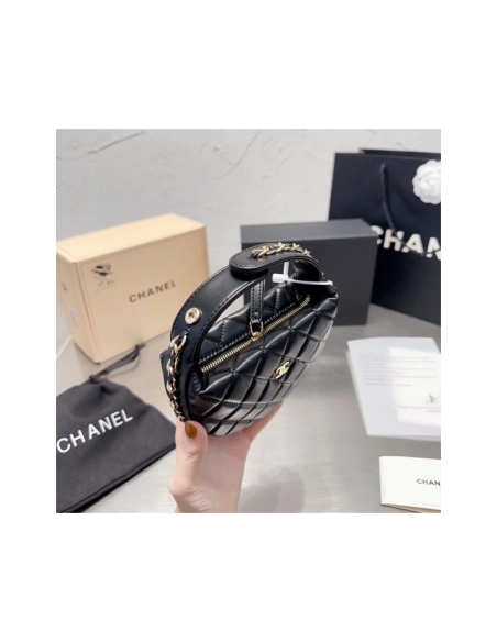 CHANEL Lambskin Quilted Chain Around Pouch Hobo Black,CHANEL,BAGS