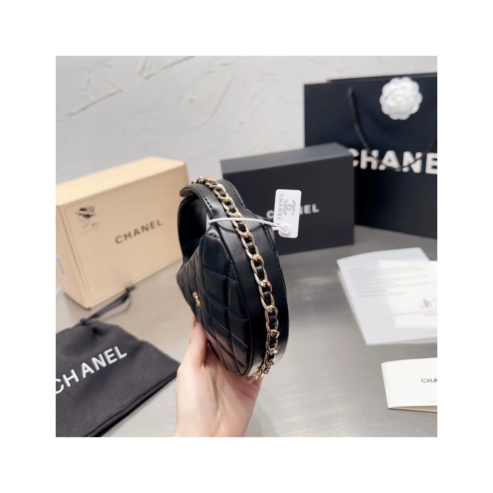 CHANEL Lambskin Quilted Chain Around Pouch Hobo Black,CHANEL,BAGS