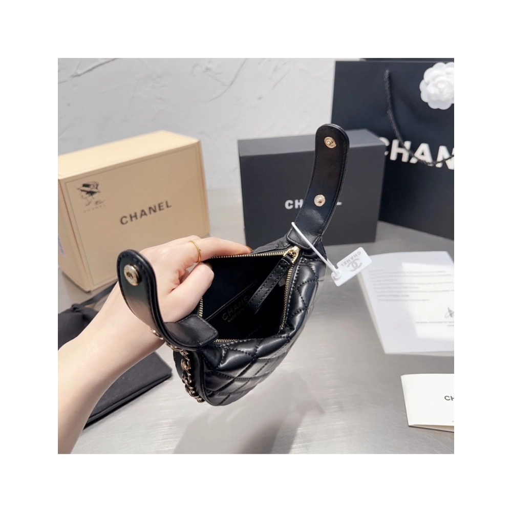 CHANEL Lambskin Quilted Chain Around Pouch Hobo Black,CHANEL,BAGS