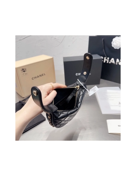 CHANEL Lambskin Quilted Chain Around Pouch Hobo Black,CHANEL,BAGS