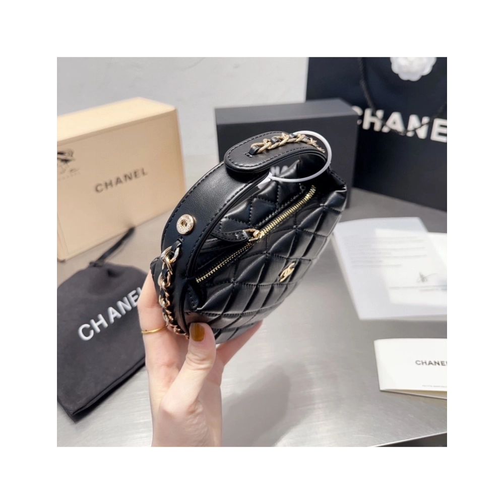 CHANEL Lambskin Quilted Chain Around Pouch Hobo Black,CHANEL,BAGS