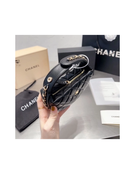 CHANEL Lambskin Quilted Chain Around Pouch Hobo Black,CHANEL,BAGS