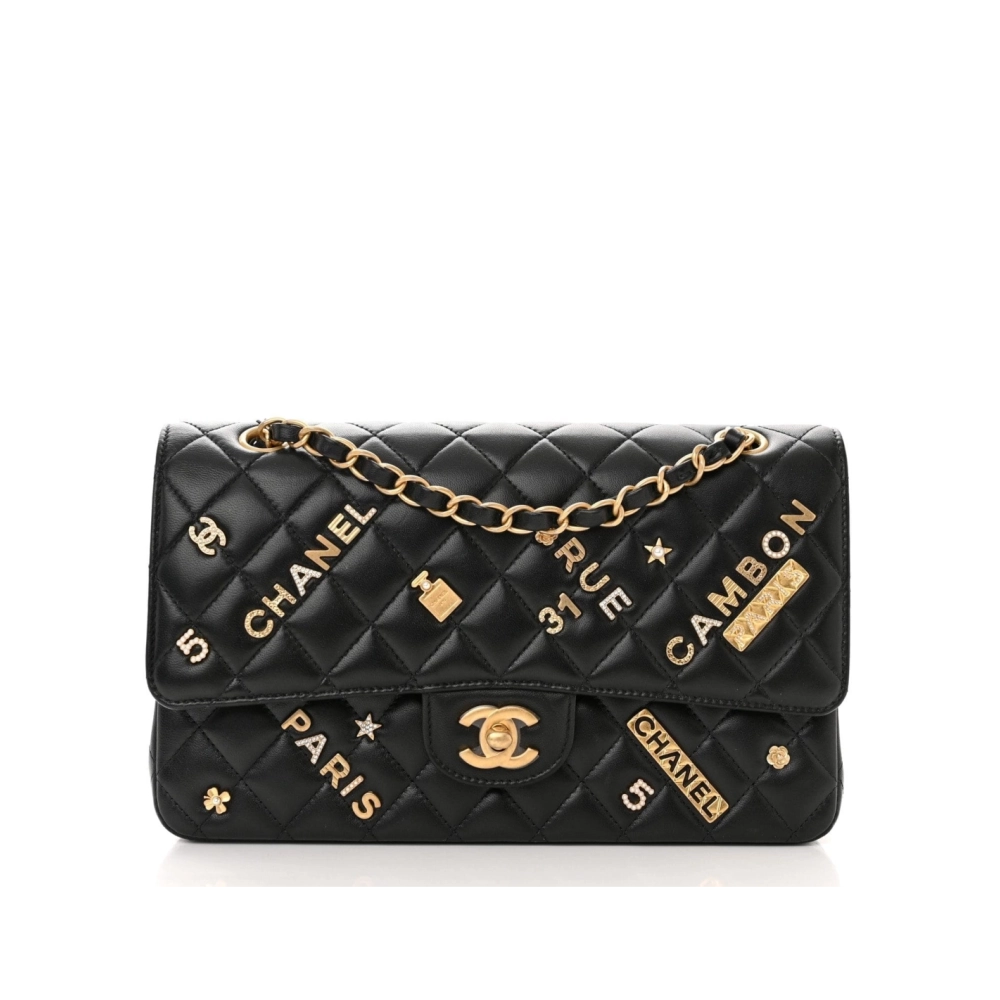 Chanel Lambskin Quilted Medium Rue Cambon Charms Double Flap Black,CHANEL,BAGS