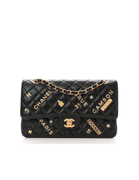 Chanel Lambskin Quilted Medium Rue Cambon Charms Double Flap Black,CHANEL,BAGS
