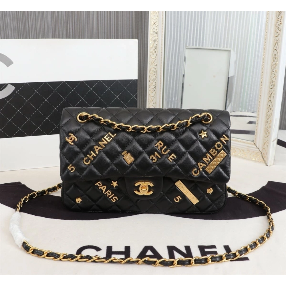 Chanel Lambskin Quilted Medium Rue Cambon Charms Double Flap Black,CHANEL,BAGS