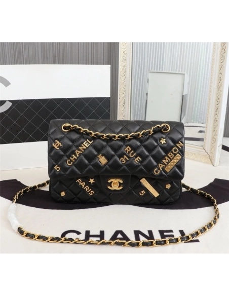 Chanel Lambskin Quilted Medium Rue Cambon Charms Double Flap Black,CHANEL,BAGS
