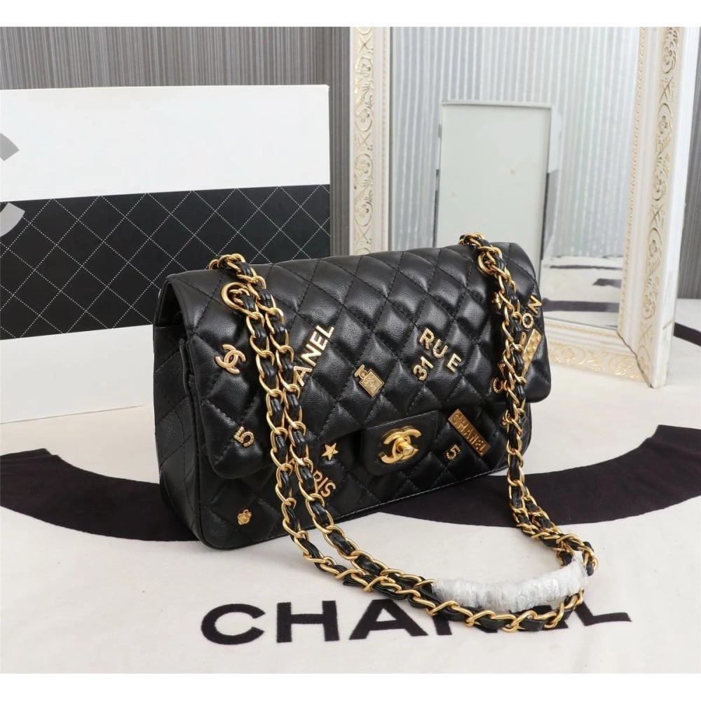 Chanel Lambskin Quilted Medium Rue Cambon Charms Double Flap Black,CHANEL,BAGS