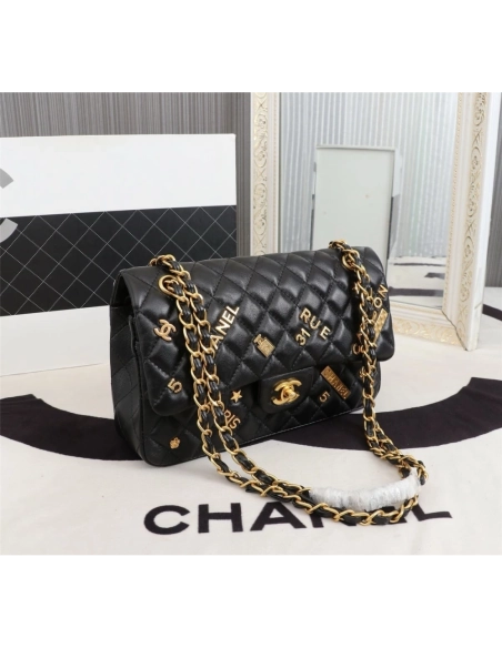 Chanel Lambskin Quilted Medium Rue Cambon Charms Double Flap Black,CHANEL,BAGS