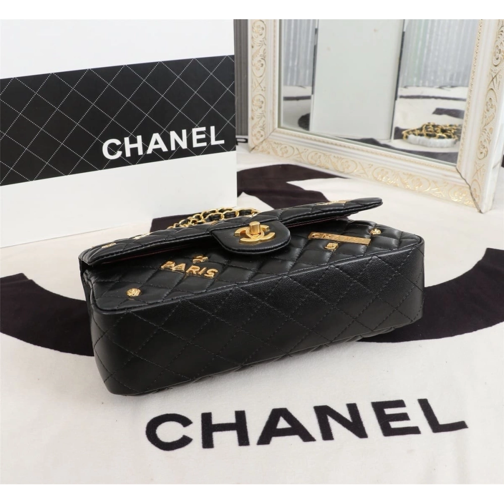 Chanel Lambskin Quilted Medium Rue Cambon Charms Double Flap Black,CHANEL,BAGS