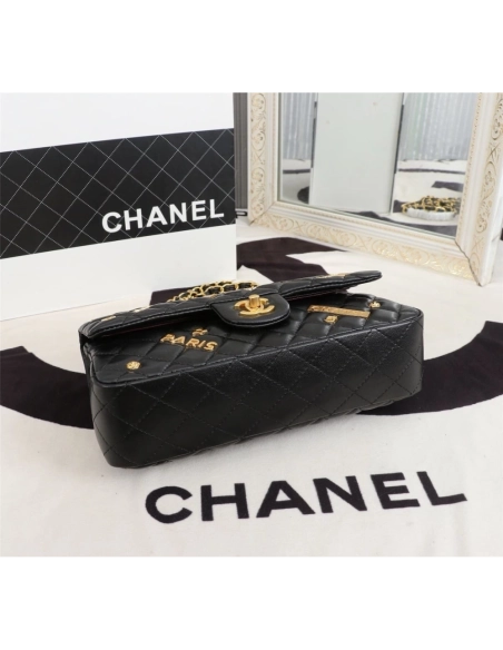 Chanel Lambskin Quilted Medium Rue Cambon Charms Double Flap Black,CHANEL,BAGS