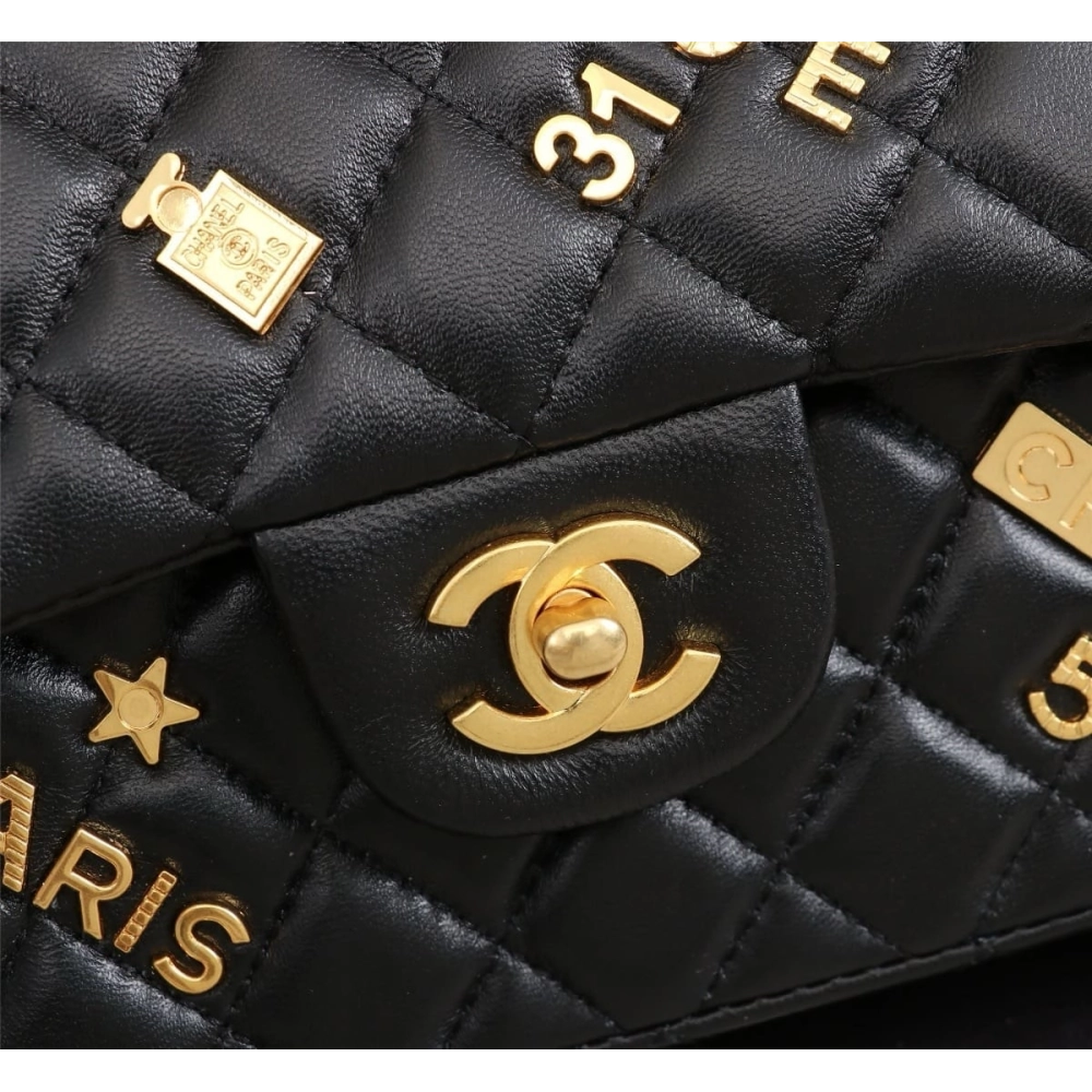 Chanel Lambskin Quilted Medium Rue Cambon Charms Double Flap Black,CHANEL,BAGS