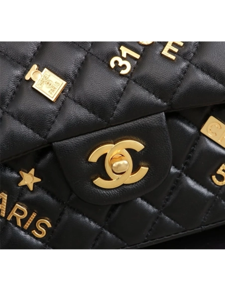 Chanel Lambskin Quilted Medium Rue Cambon Charms Double Flap Black,CHANEL,BAGS