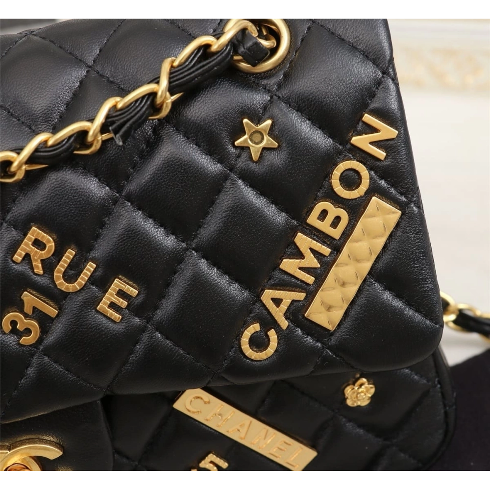 Chanel Lambskin Quilted Medium Rue Cambon Charms Double Flap Black,CHANEL,BAGS