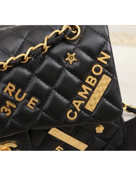 Chanel Lambskin Quilted Medium Rue Cambon Charms Double Flap Black,CHANEL,BAGS