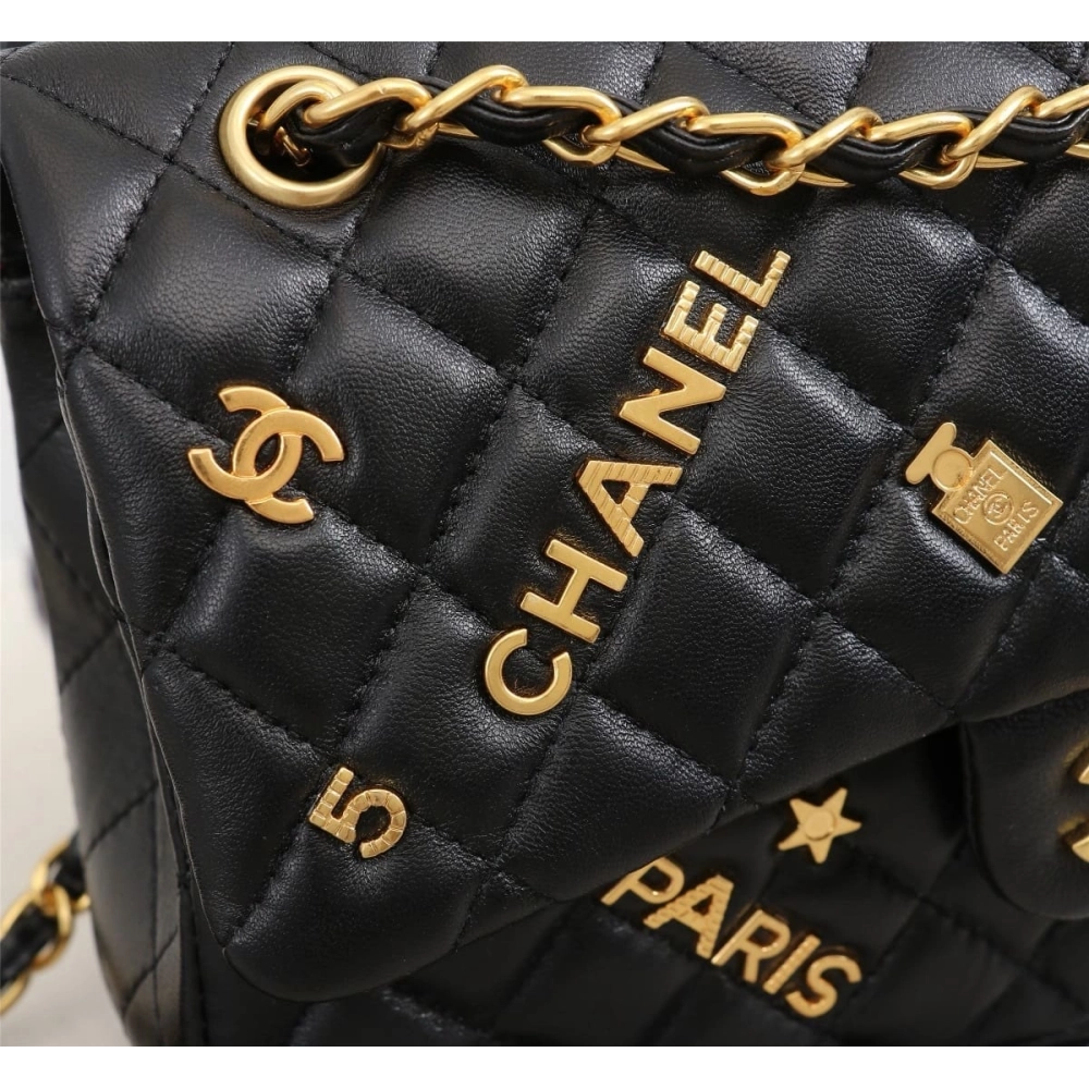 Chanel Lambskin Quilted Medium Rue Cambon Charms Double Flap Black,CHANEL,BAGS