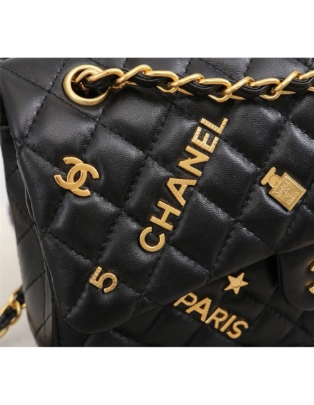 Chanel Lambskin Quilted Medium Rue Cambon Charms Double Flap Black,CHANEL,BAGS