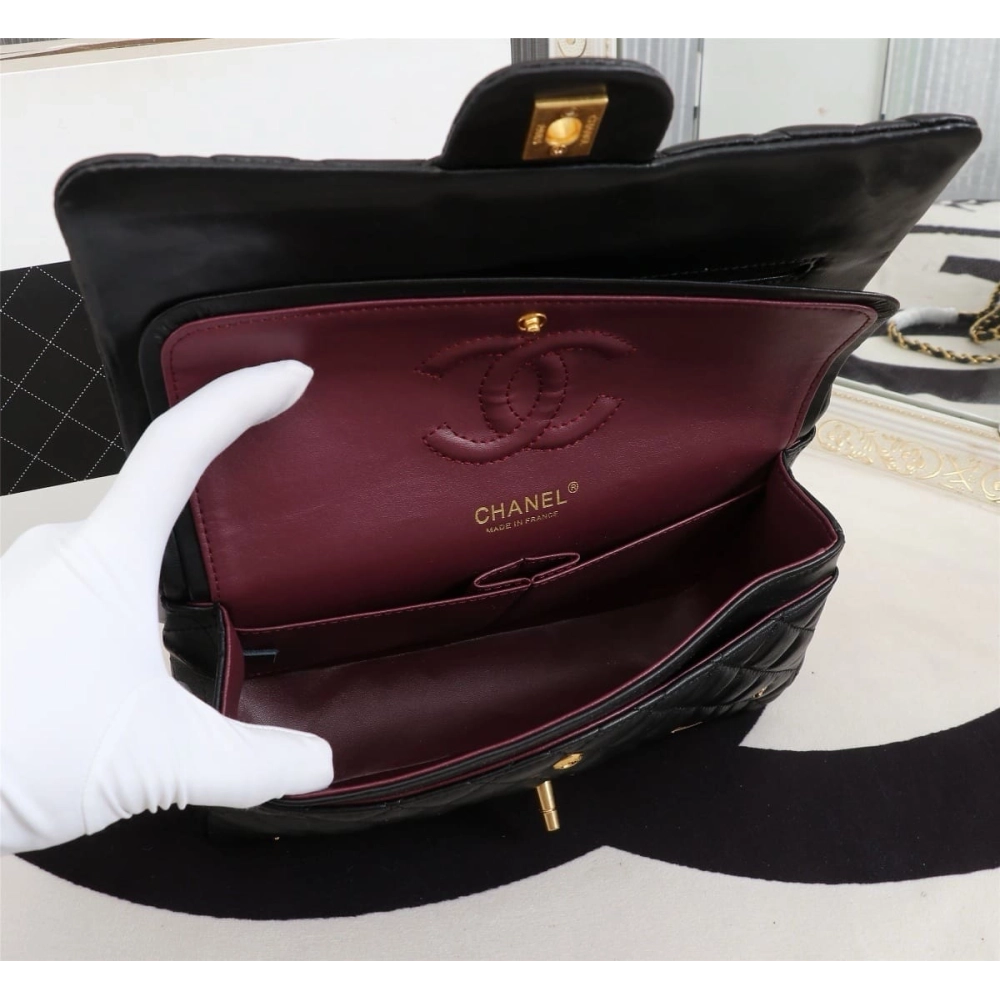 Chanel Lambskin Quilted Medium Rue Cambon Charms Double Flap Black,CHANEL,BAGS